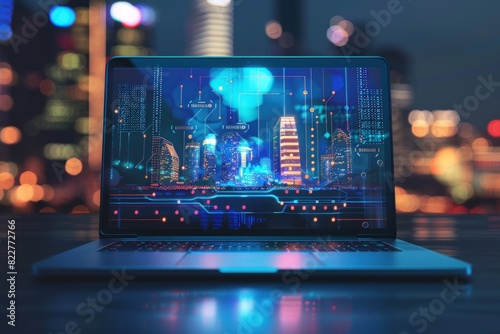 Futuristic laptop with digital hologram screen showing abstract cyber technology background. © Ghiska