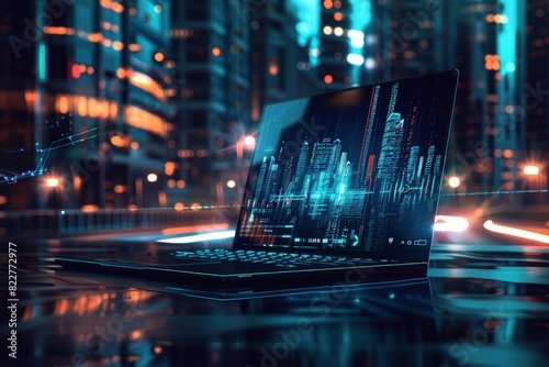 Futuristic laptop with digital hologram screen showing abstract cyber technology background.