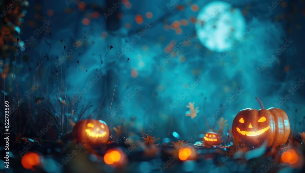 Fototapeta premium Halloween background with foggy forest and pumpkin.