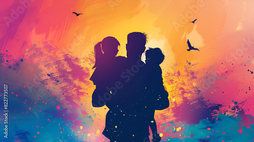 ilustracion de una silueta de un papa abrazando y cargando a sus hijos en un parque caminando juntos con colores brillantes y vibrantes emociones