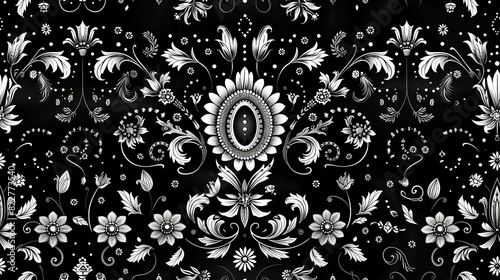 a seamless black and white Paisley pattern that incorporates motifs of crowns and lions, symbolizing royalty and strength. photo