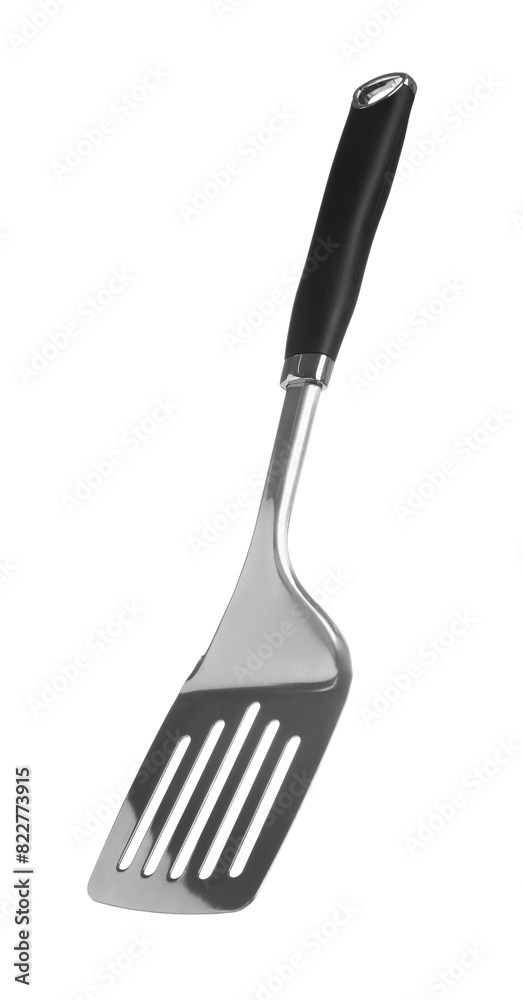 One metal spatula with black handle isolated on white