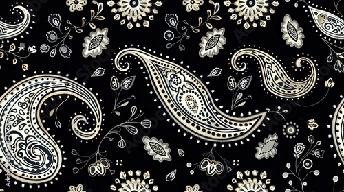 a seamless black and white Paisley pattern that incorporates motifs of crowns and lions, symbolizing royalty and strength.