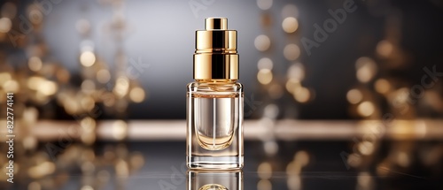 A luxurious gold serum bottle for skincare, representing highend beauty and cosmetic products with a golden essence for antiaging and skin nourishment