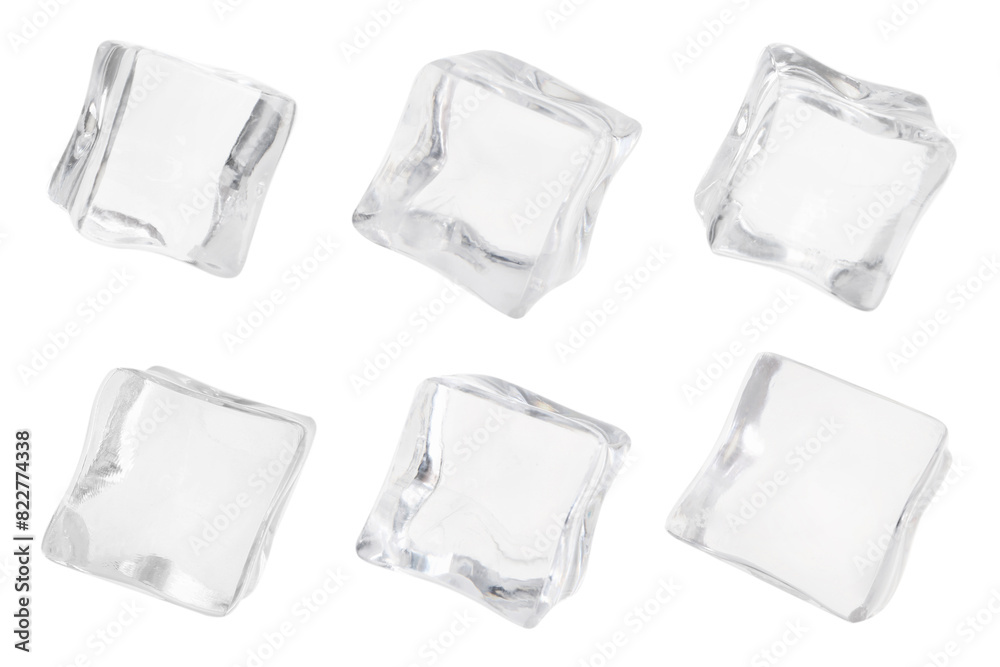 Crystal clear ice cubes isolated on white, set Crystal clear ice cubes isolated on white, set