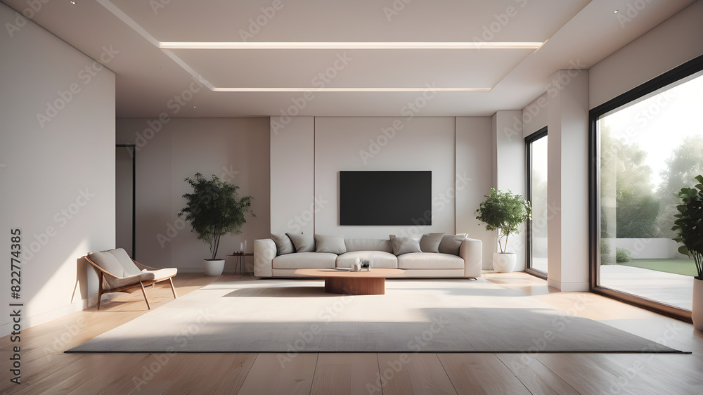 Generate a highly realistic image of a modern architecture in an elegant style, empty, showcasing a minimalist design. Generate an empty living room without any furniture items; Generate a highly realistic image of a modern architecture in an elegant style, empty, showcasing a minimalist design. Generate an empty living room without any furniture items;