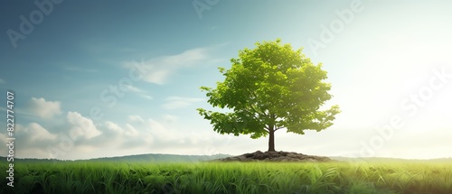 An image showcasing ecological practices for an environmentally friendly and sustainable future, featuring a vibrant green tree in full foliage with ample copy space for text photo