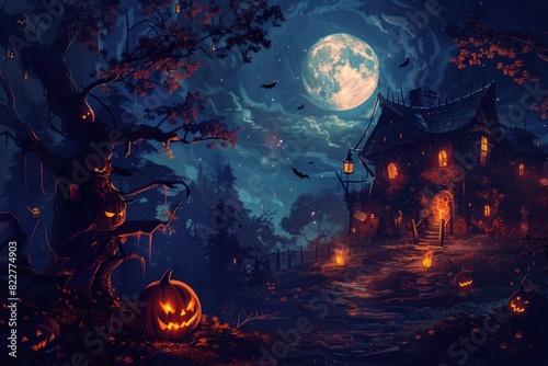 Halloween night background with spooky pumpkins, haunted house and glowing full moon.
