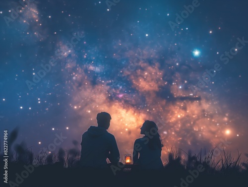 A couple is sitting on a hillside and looking up at the stars. The man is holding a lantern  and the woman is looking at the sky. The scene is peaceful and romantic