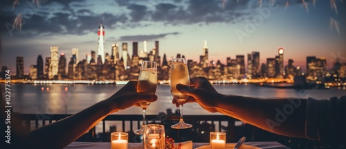 of friends clinking glasses in a toast at a rooftop dinner party, the city skyline in the background lit by fireworks, Memorial Day, Independence Day photo