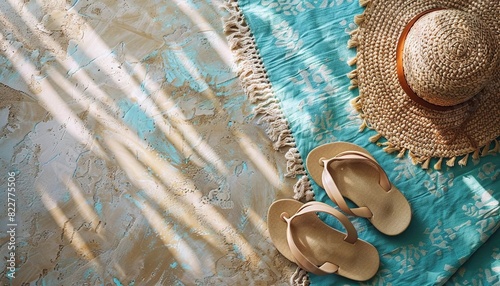 Picture a flat lay with a pair of stylish sandals, a beach towel, and a bottle of water