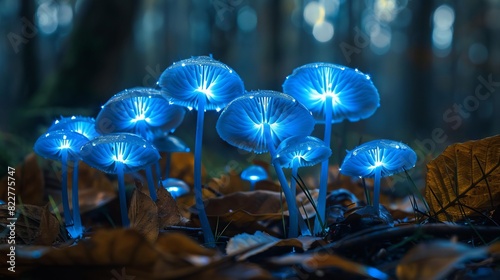 A group of bioluminescent mushrooms glowing in the dark woods,