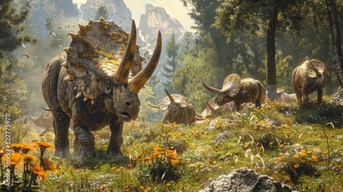 A herd of Triceratops grazing in a lush Mesozoic valley, © Nawarit