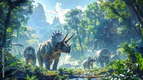 A herd of Triceratops grazing in a lush Mesozoic valley,