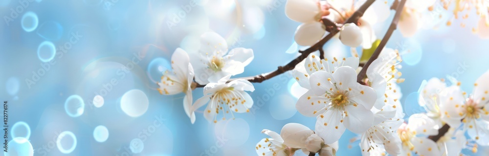 White apricot blossoms on blue sky background.