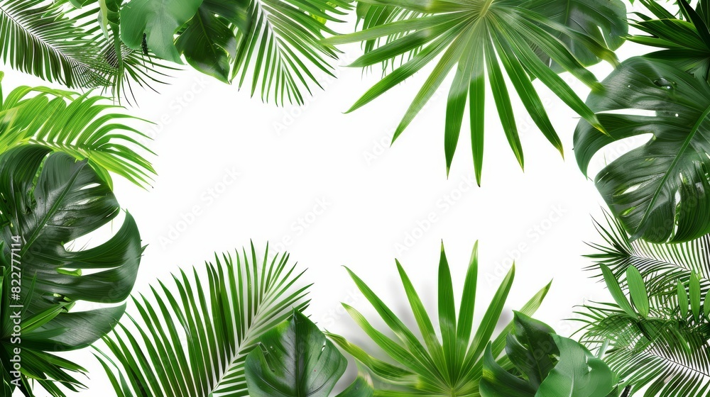 A composition of tropical palm leaves forming a border around the edges, providing an open space in the center for text or images, isolated on a clean white transparent background