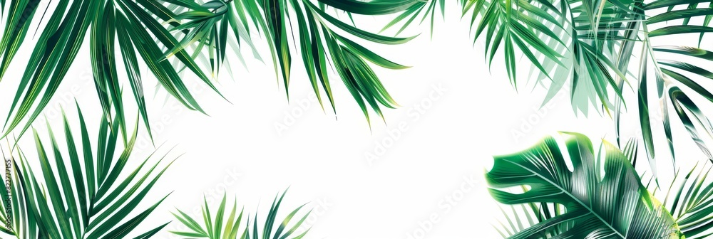 An illustration of tropical palm leaves with ample space on the right for text or graphics, isolated on a clean white transparent background