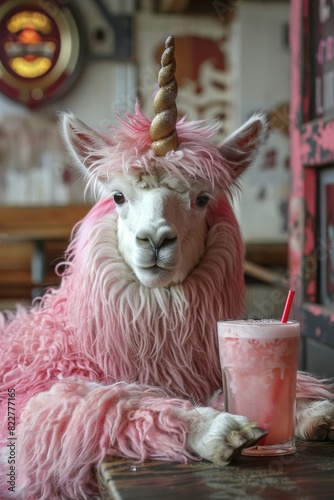 A llamacorn dressed up in pink with a drink. photo