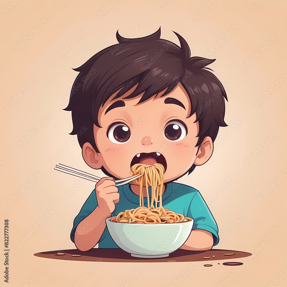 flat illustration ,cute kawaii boy eating mie flat illustration ,cute kawaii boy eating mie