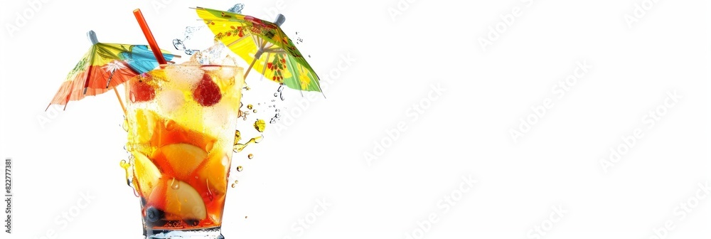 A refreshing cocktail glass filled with a vibrant, tropical drink, garnished with colorful fruits and umbrellas, isolated on a clean white transparent background, with ample space for text or A refreshing cocktail glass filled with a vibrant, tropical drink, garnished with colorful fruits and umbrellas, isolated on a clean white transparent background, with ample space for text or