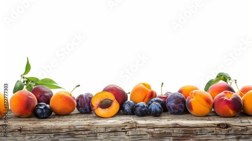 A picturesque spread of ripe peaches  plums  and apricots on a rustic wooden table  with a clear area for adding text or graphics  isolated on a clean white transparent background.