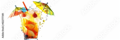 A refreshing cocktail glass filled with a vibrant, tropical drink, garnished with colorful fruits and umbrellas, isolated on a clean white transparent background, with ample space for text or