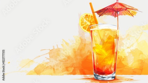 A vibrant illustration of a tropical cocktail with a decorative paper umbrella  presented in a stylish glass  set against a clean white transparent background  offering ample room for adding text or