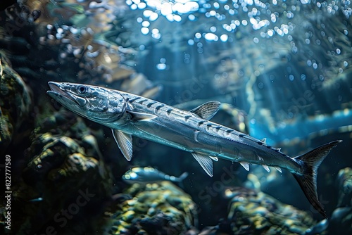 A large fish swimming in a tank. The fish is surrounded by rocks and he is in a peaceful environment photo