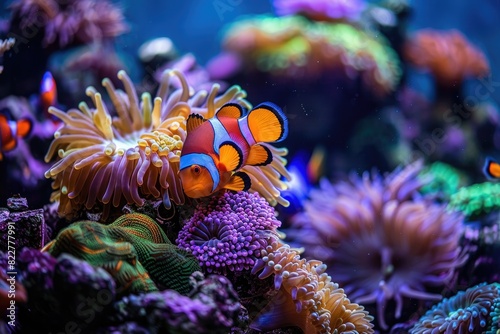 A colorful fish is swimming in front of a bunch of flowers. The fish is orange and white