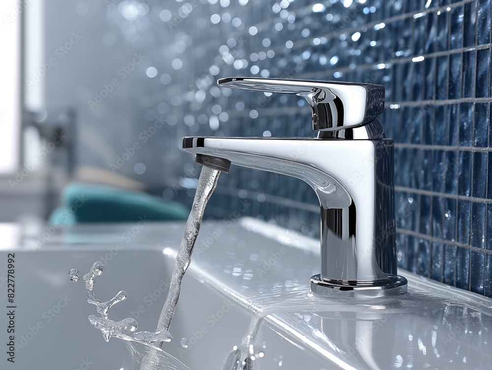A sink with water running from a faucet. The water is splashing and creating a sense of movement and energy A sink with water running from a faucet. The water is splashing and creating a sense of movement and energy