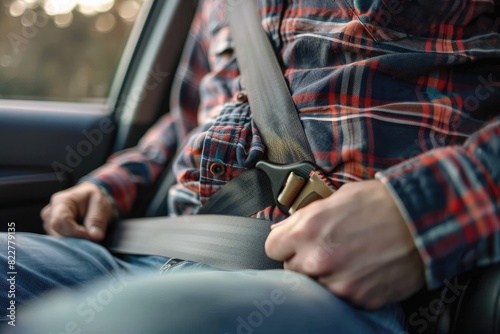 A man in a plaid shirt is buckling his seat belt. Concept of responsibility and safety, as the man takes the necessary precautions to protect himself while driving