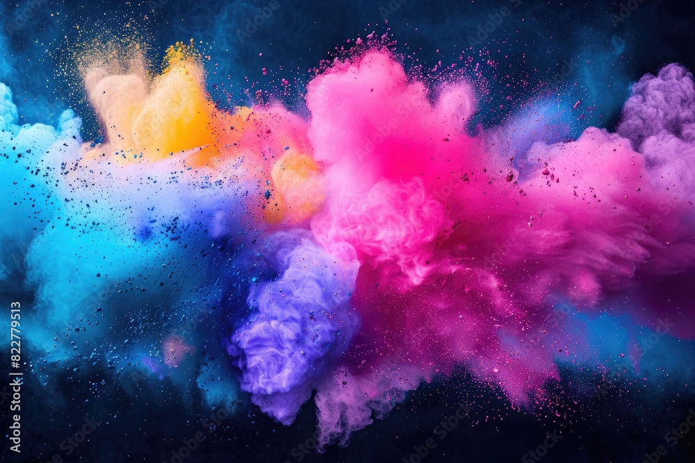 A colorful explosion of smoke and dust in the sky. The colors are bright and vibrant, creating a sense of energy and excitement A colorful explosion of smoke and dust in the sky. The colors are bright and vibrant, creating a sense of energy and excitement