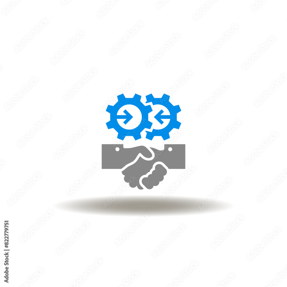 Vector illustration of handshake and gears mechanism with arrows facing each other. Icon of facilitator. Symbol of facilitating. Vector illustration of handshake and gears mechanism with arrows facing each other. Icon of facilitator. Symbol of facilitating.