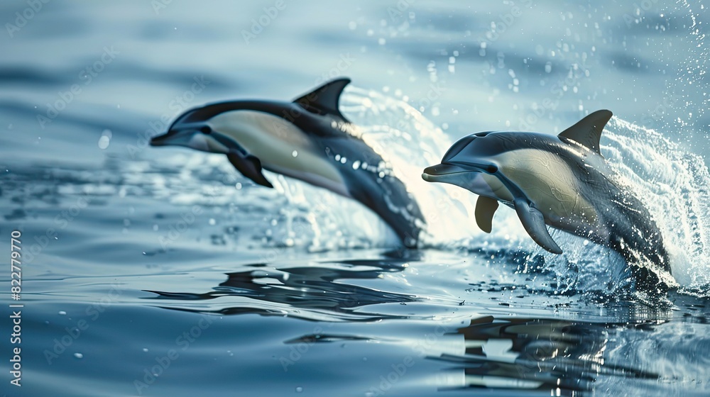 Fototapeta premium Two dolphins are jumping out of the water. Concept of freedom and joy as the dolphins play in the ocean