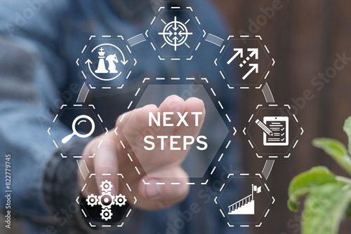 Obraz na płótnie Man working on virtual touch screen presses inscription: NEXT STEPS. Next steps business concept. Next step of work, plan, strategies, vision, project implementation, new opportunities and execution. w salonie