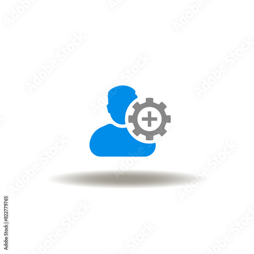 Vector illustration of man and gear wheel with plus. Icon of add user. Symbol of creation new personal account.