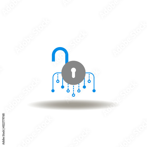 Vector illustration of padlok unlock with circuit pattern. Icon of hacking electronic data access. Sign of privacy. Symbol of cyber security. photo