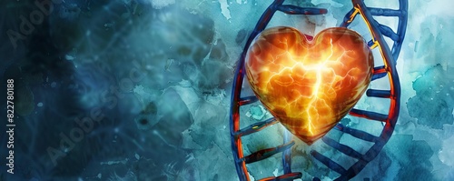 Glowing heart in DNA cancer battle flat design top view, perseverance theme, watercolor, triadic color scheme photo