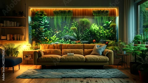 Cozy Living Room with Sofa and Aquarium at Night, Seamless Looping Time-Lapse Animation Video Background