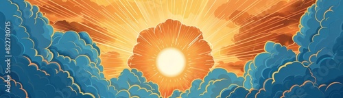 Sun breaking through cancer clouds flat design top view, renewal theme, animation, vivid photo