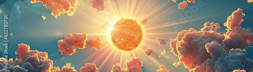 Sun breaking through cancer clouds flat design top view, renewal theme, animation, vivid photo