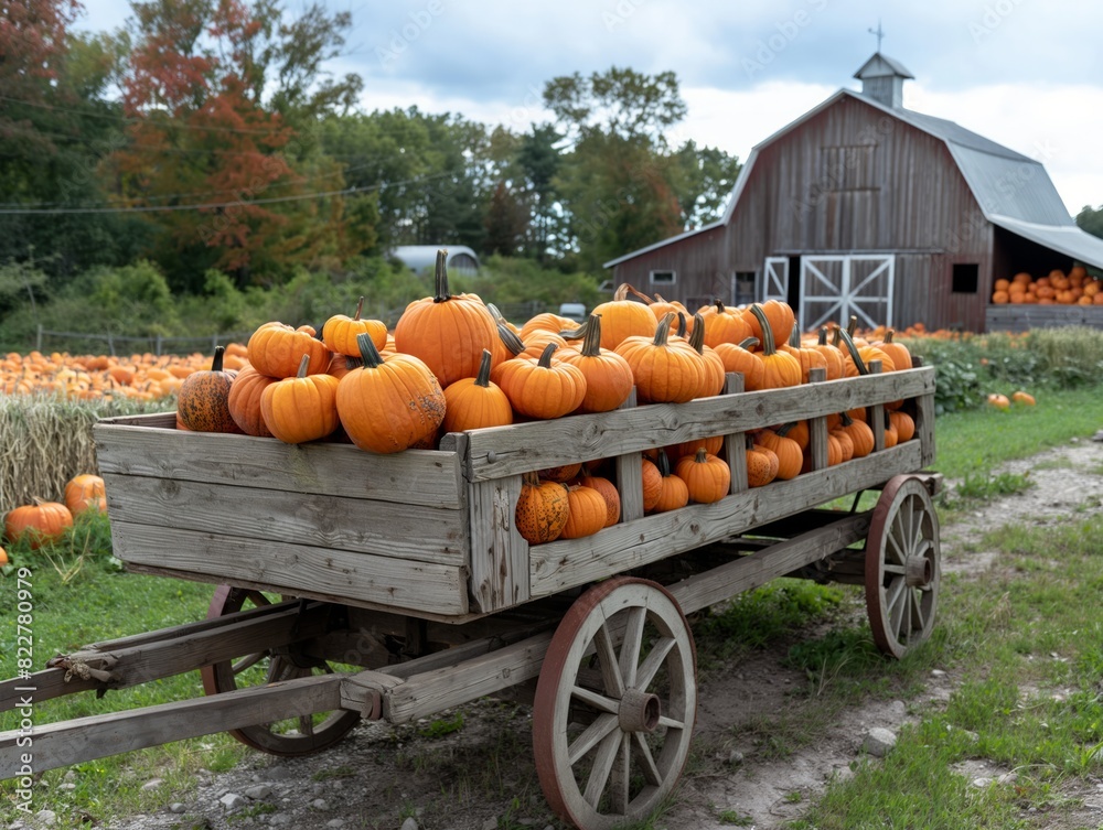 A wagon full of pumpkins is parked in front of a barn. The scene is rustic and peaceful, with the pumpkins adding a warm and inviting touch to the setting