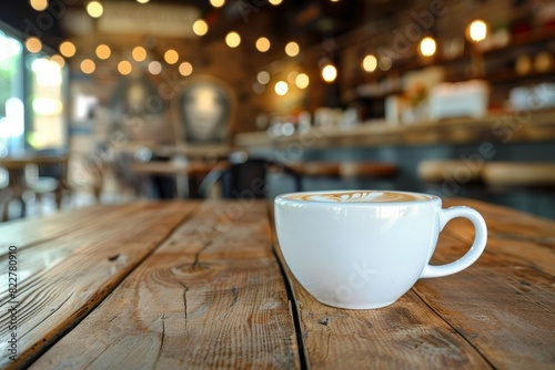 A cup of coffee sits on a wooden table in a coffee shop. The coffee is steaming and the cup is white. The table is brown and the background is blurry.