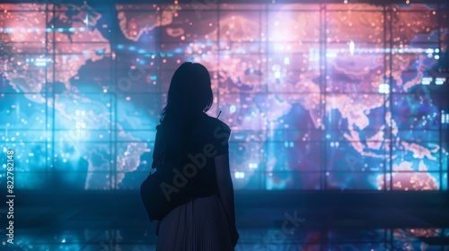 A traveler standing in front of a holographic map following directions from their digital assistant.