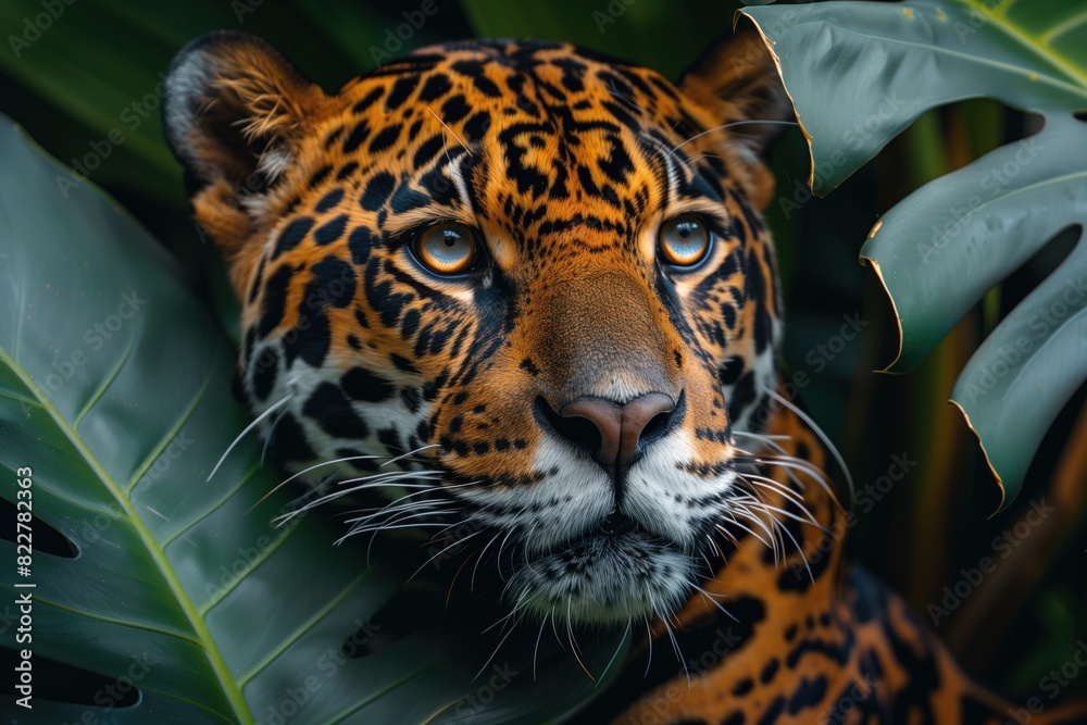 Obraz premium Rare leopard peeks out from behind palm leaves. Portrait of majestic leopard. Concept of rare and endangered animals and biodiversity conservation