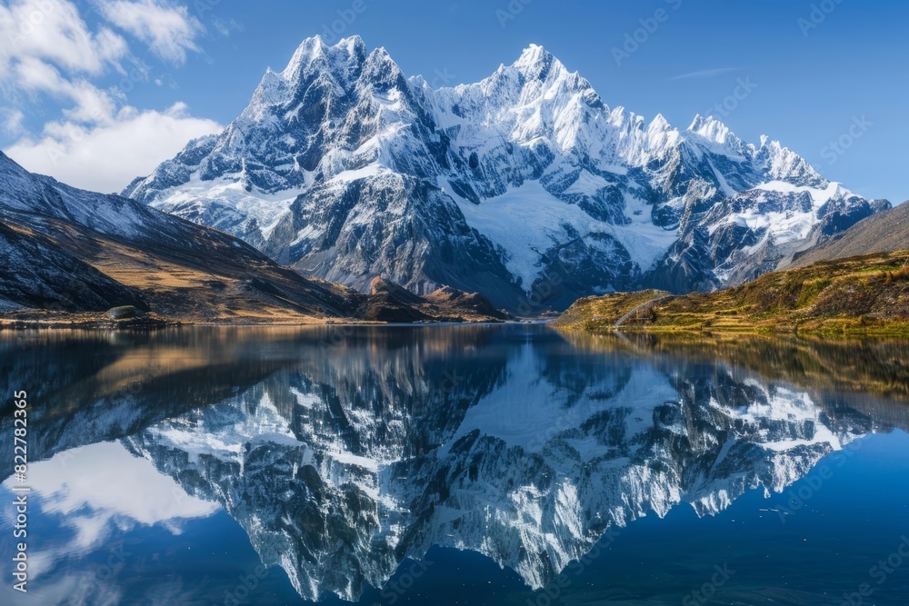 A beautiful mountain landscape with a crystal clear lake reflecting the snow-capped peaks.