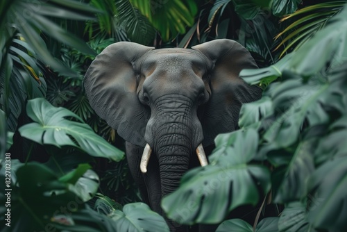 Rare African elephant in its natural habitat, peeking out from behind palm leaves in jungle. Concept of rare and endangered animal species, wildlife and biodiversity conservation