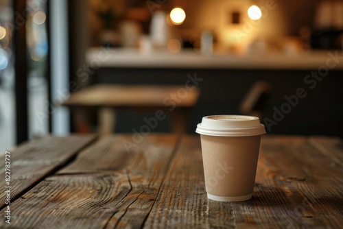 A lone paper coffee cup sits on a wooden table in a coffee shop. The cup is in the foreground and slightly angled with a blurred background of a busy coffee shop.