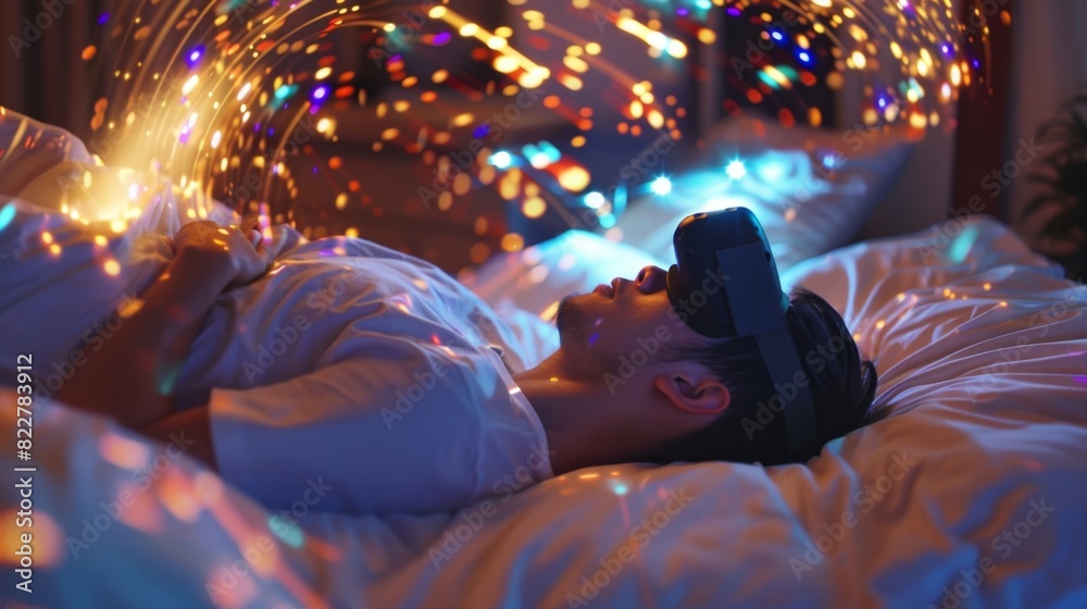 Obraz premium A man lies on a virtual reality bed scrolling through patterns and materials for bedding and pillows to match the exact aesthetic hes imagining for his bedroom.