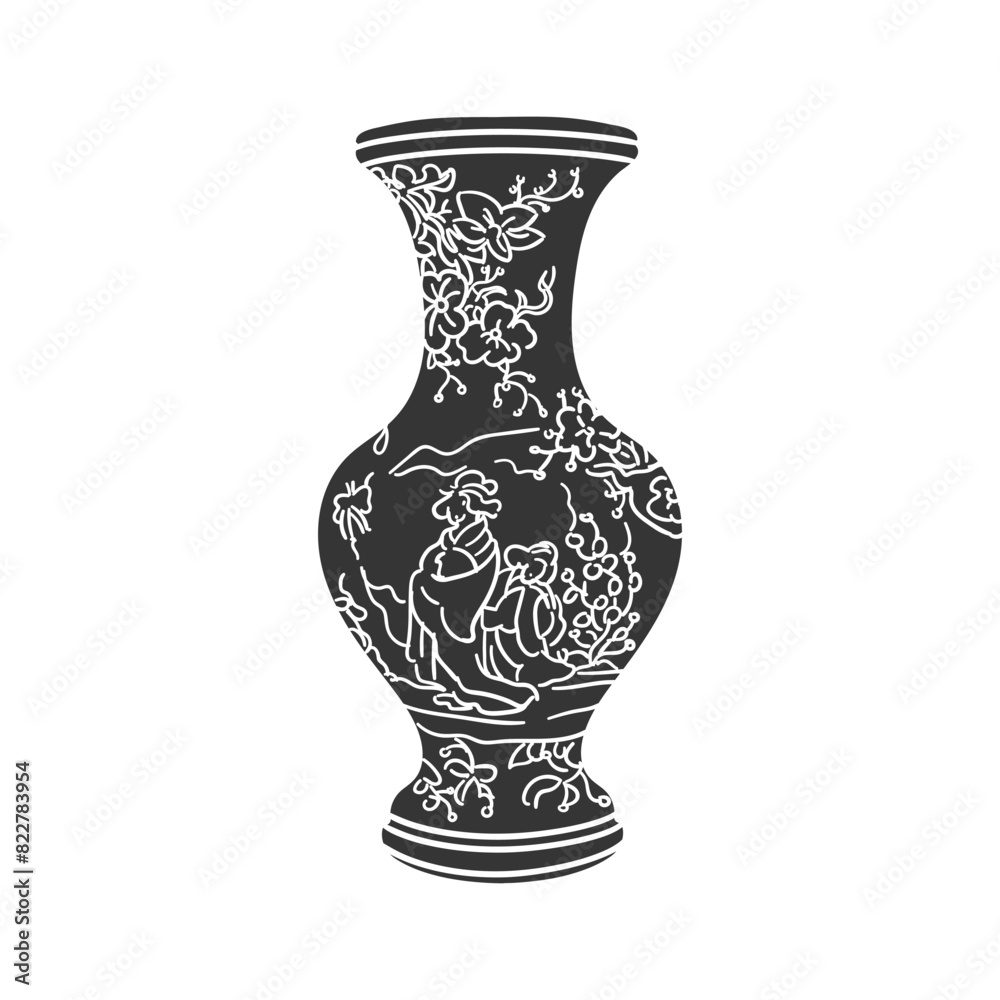 Asian Ceramic Icon Silhouette Illustration. Ancient Pot Vector Graphic Pictogram Symbol Clip Art. Doodle Sketch Black Sign.